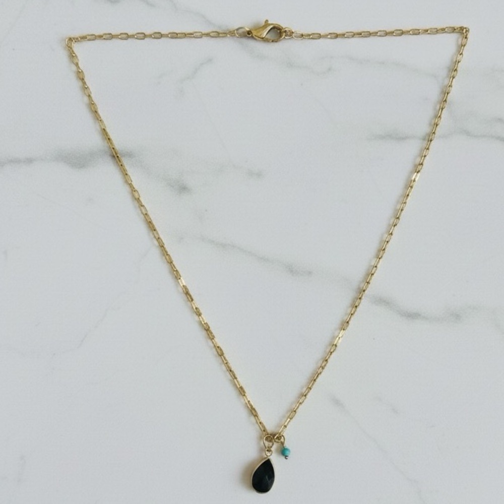 🌟 Chic Gold Plated Paperclip Chain Necklace with Black Spinel & Turquoise 🌟 - Picture 2 of 3